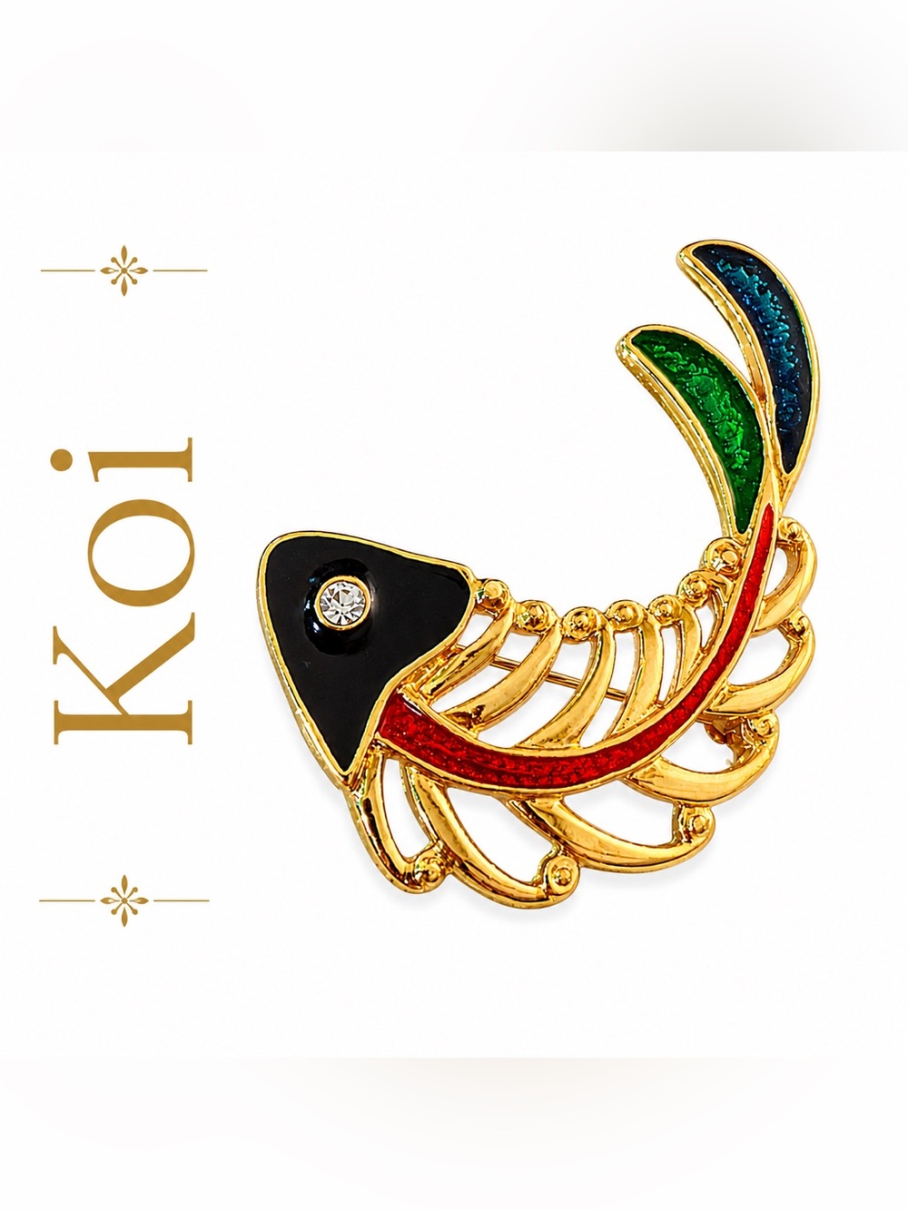 Vintage Koi Fish Skeleton Brooch Gold Tone Enamel Rhinestone Figural Pin